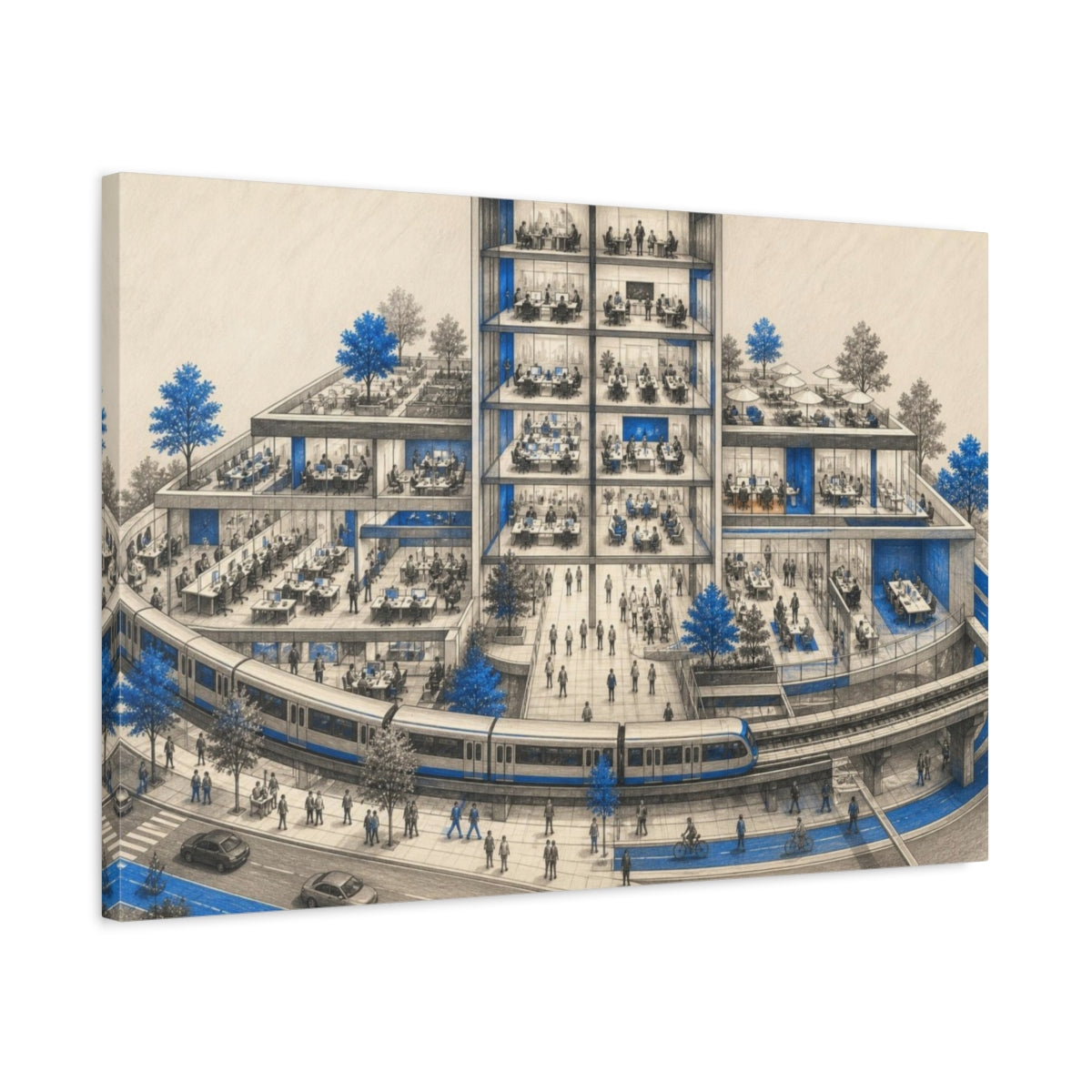Side Mockup 2. Office Building Blue Accented Train People shown as canvas print