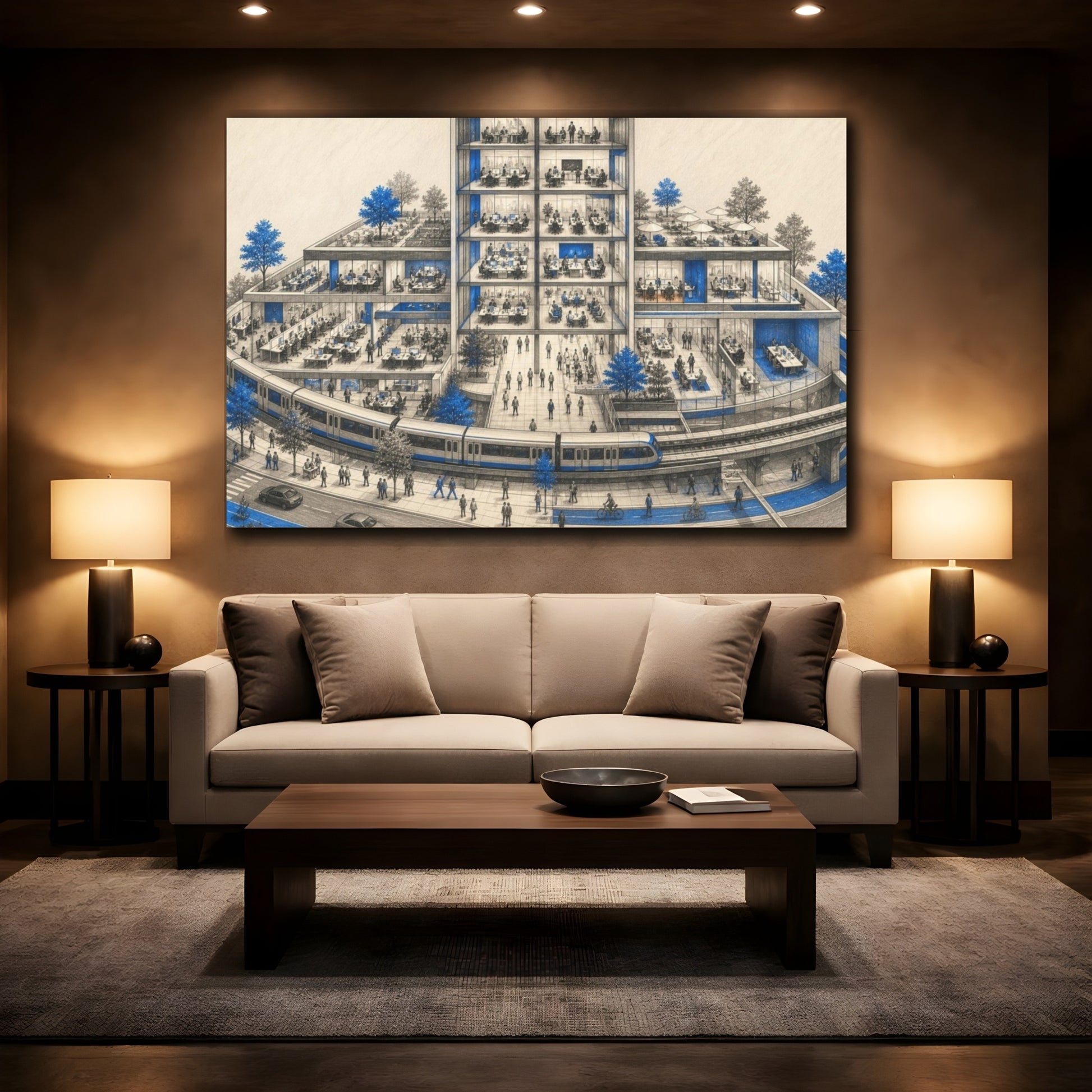 Mockup 2. Office Building Blue Accented Train People shown as canvas print
