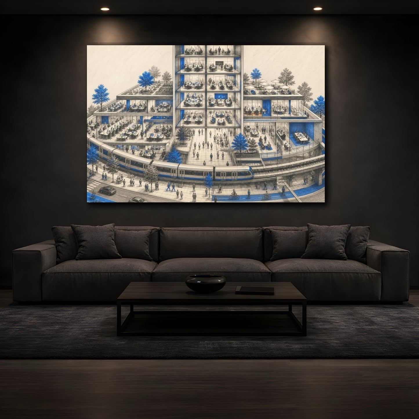 Mockup 3. Office Building Blue Accented Train People shown as canvas print