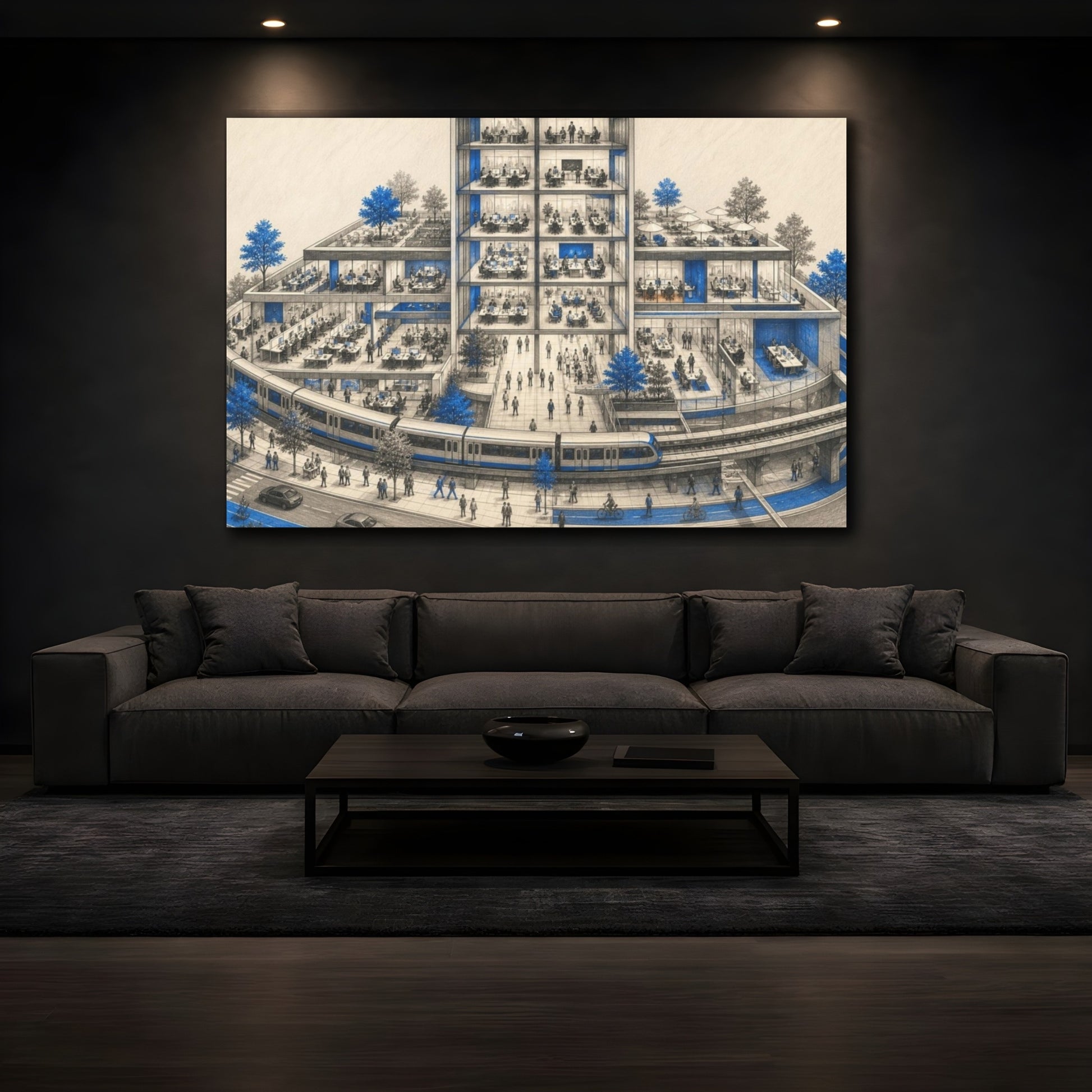 Mockup 3. Office Building Blue Accented Train People shown as canvas print