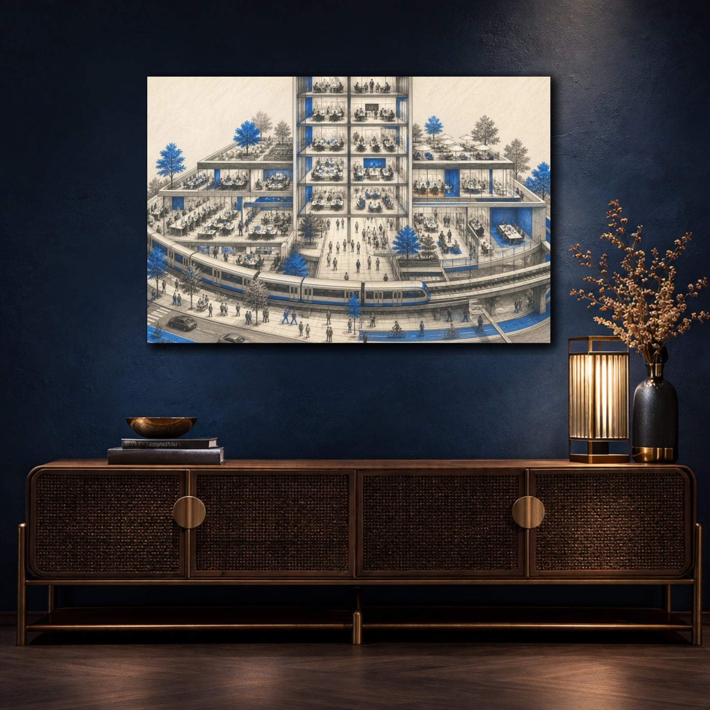Mockup 4. Office Building Blue Accented Train People shown as canvas print