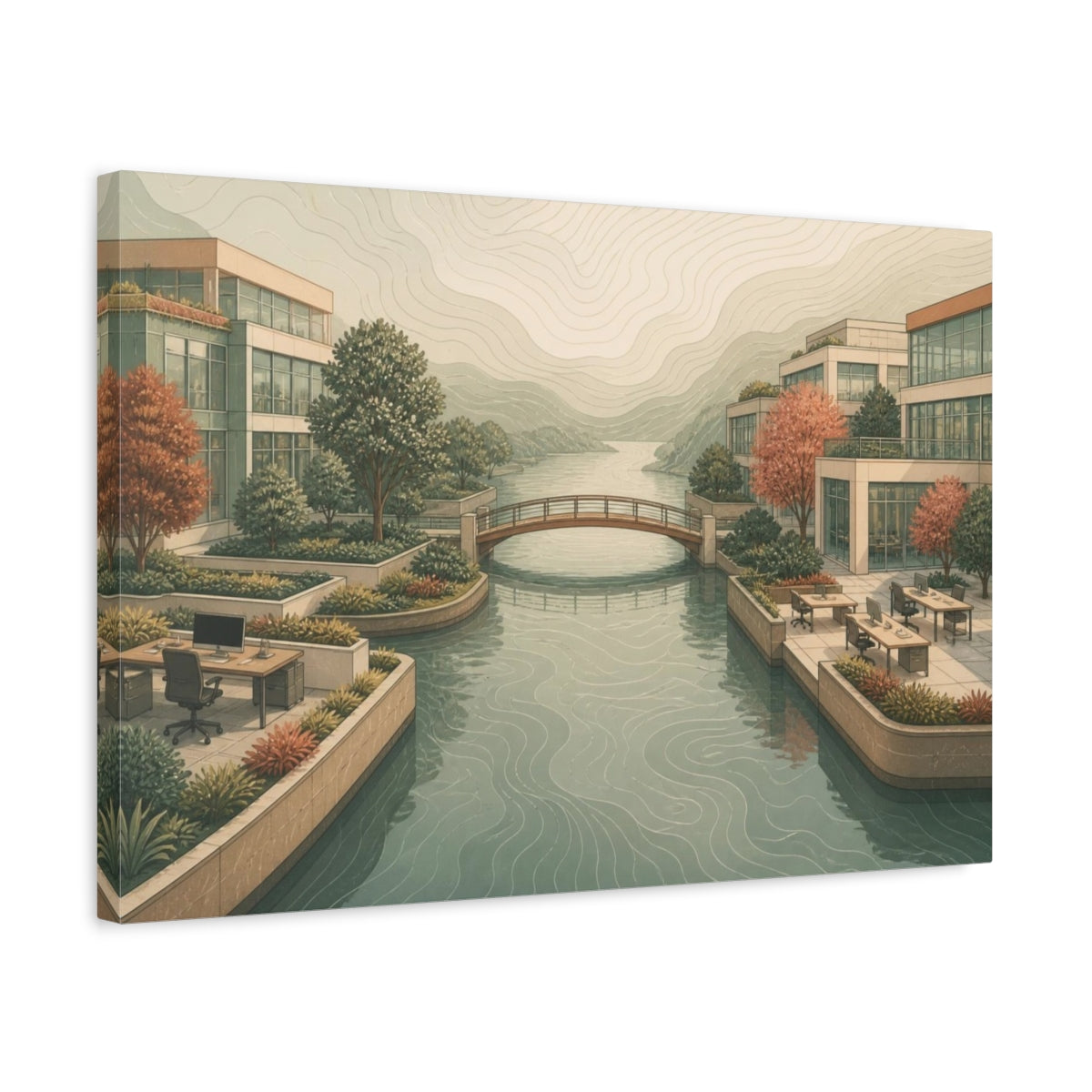 Side Mockup 3. Office Canal Bridge shown as canvas print