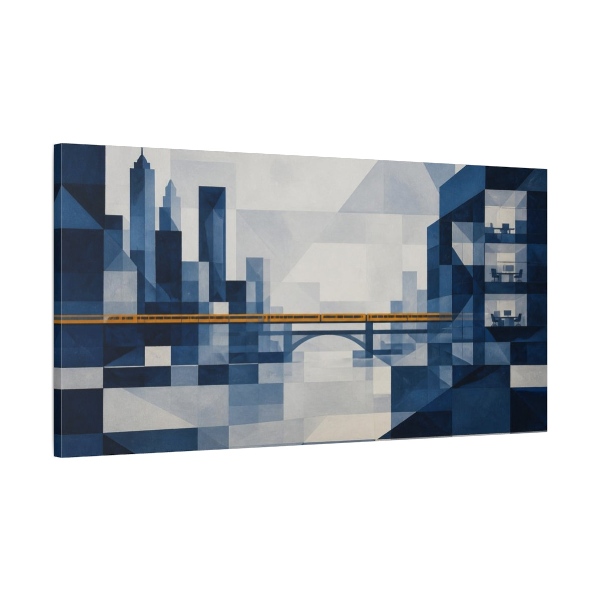 Main Mockup. Office Cityscape With Amber Train shown as canvas print
