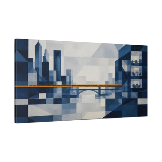 Main Mockup. Office Cityscape With Amber Train shown as canvas print