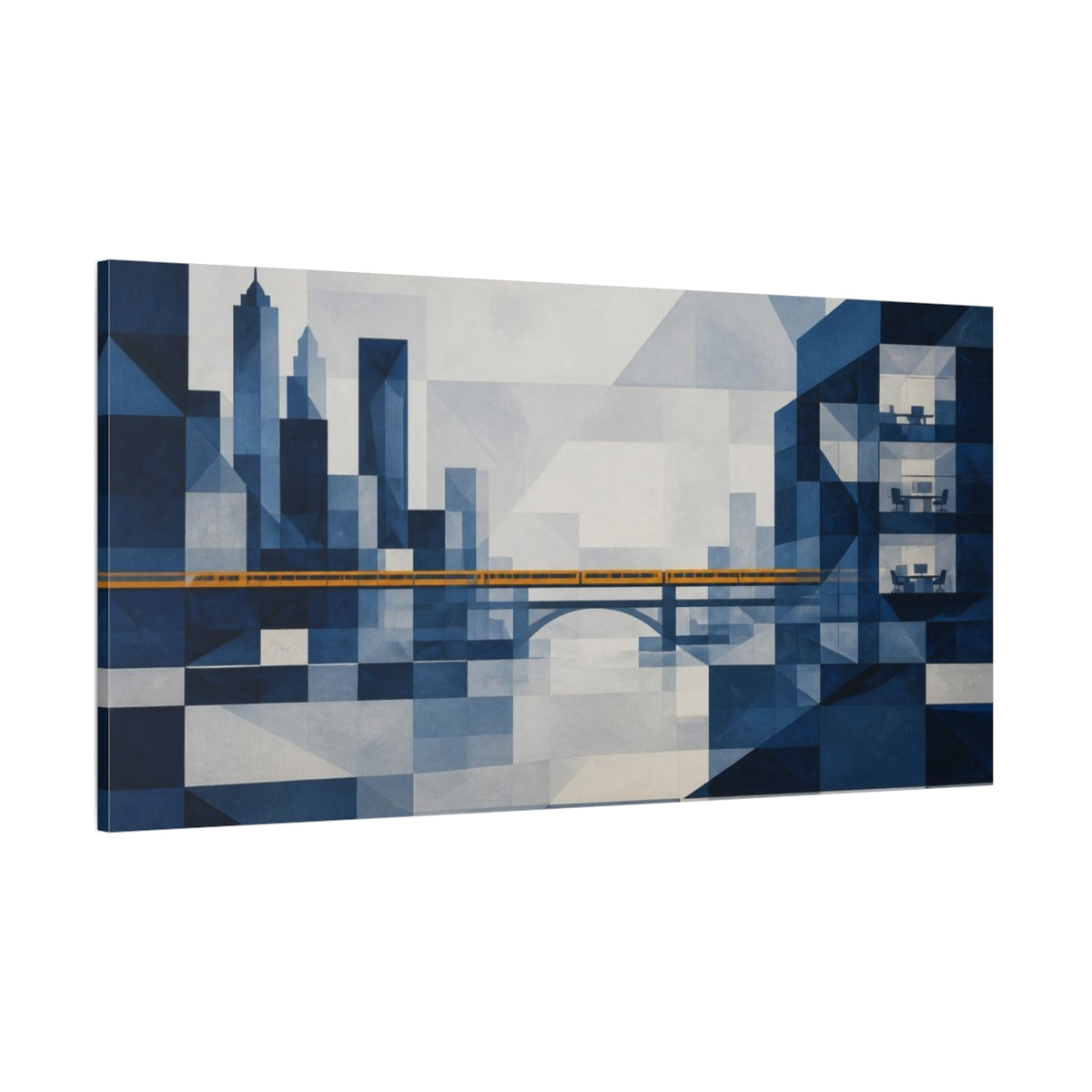 Side Mockup 2. Office Cityscape With Amber Train shown as canvas print