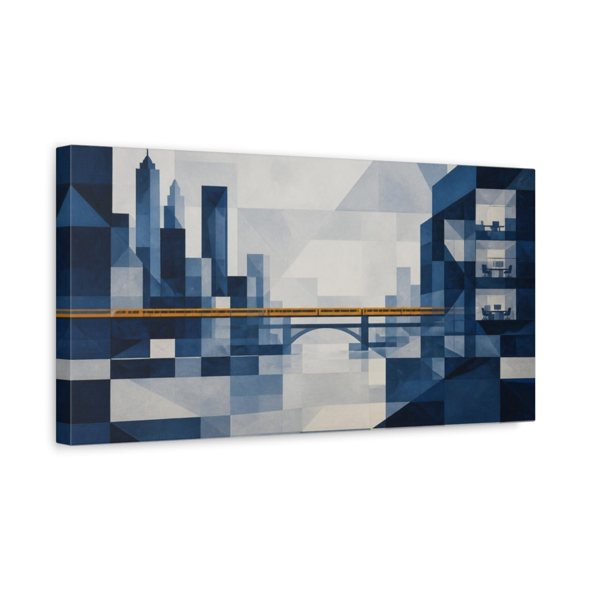 Side Mockup 3. Office Cityscape With Amber Train shown as canvas print
