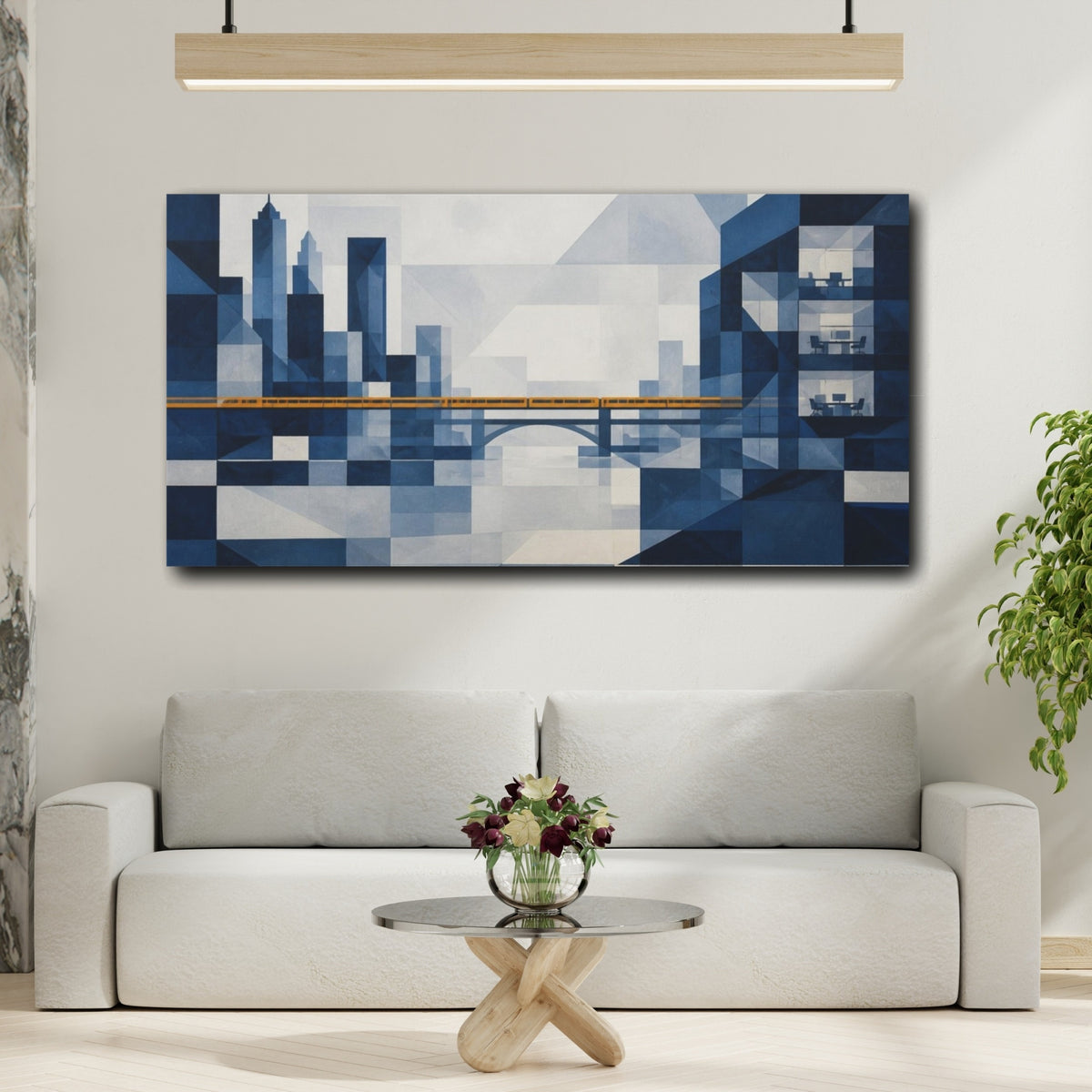 Mockup 2. Office Cityscape With Amber Train shown as canvas print