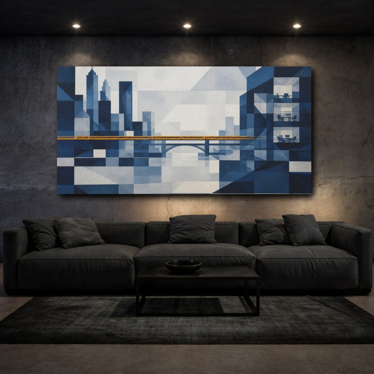 Mockup 3. Office Cityscape With Amber Train shown as canvas print