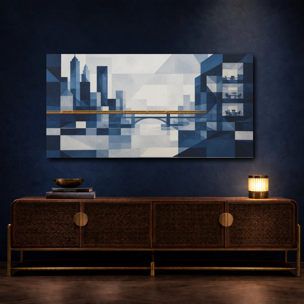 Mockup 4. Office Cityscape With Amber Train shown as canvas print