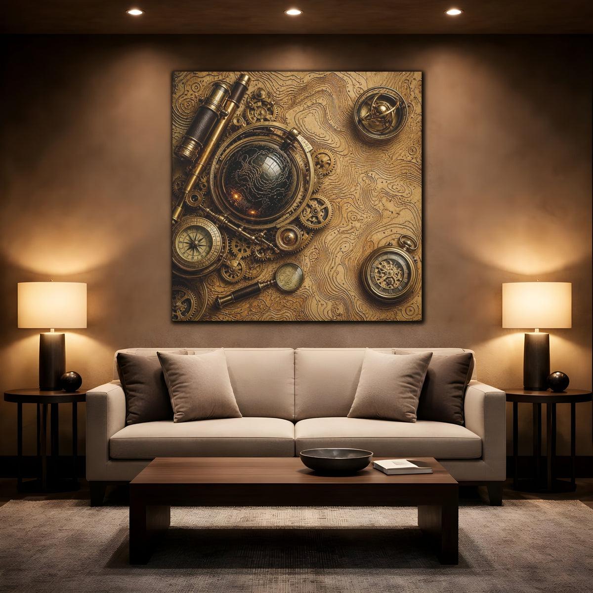 Mockup 2. Office Clockwork Globe shown as canvas print