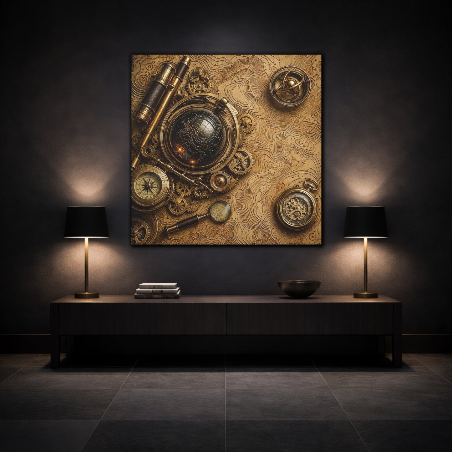 Mockup 3. Office Clockwork Globe shown as canvas print