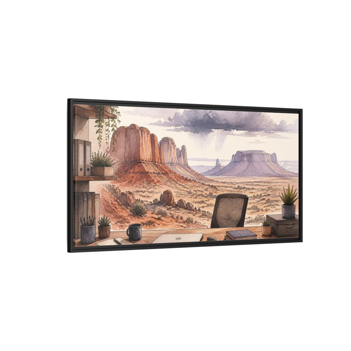 Side Mockup 5. Office Desert Mesa View shown as framed canvas print