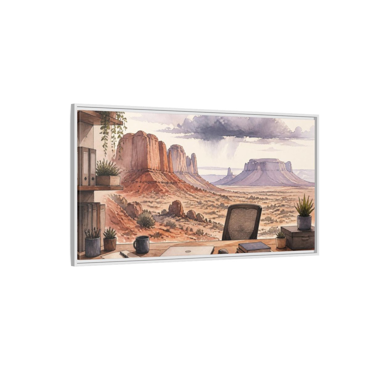 Side Mockup 3. Office Desert Mesa View shown as framed canvas print