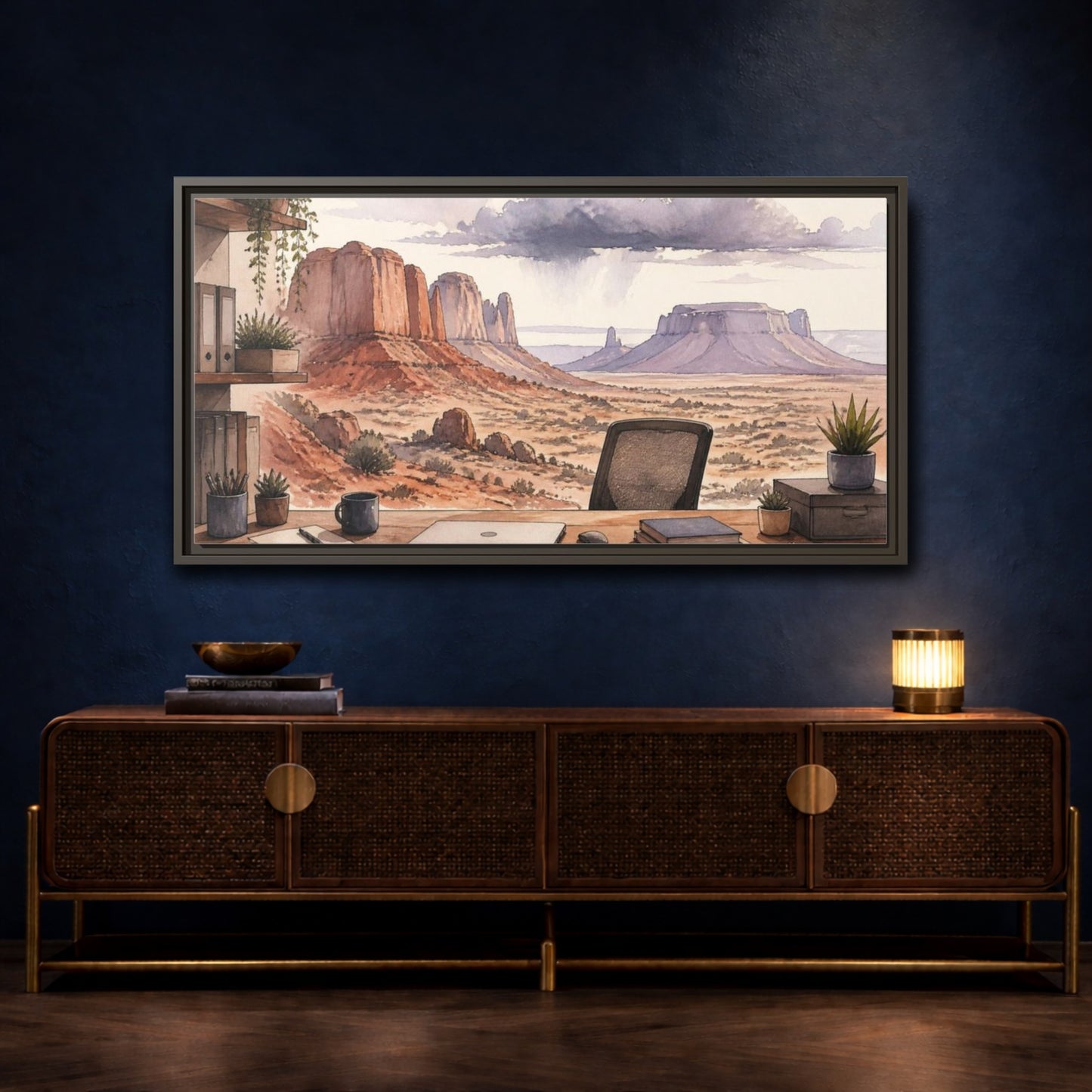 Mockup 4. Office Desert Mesa View shown as framed canvas print