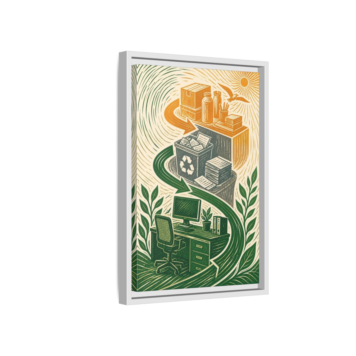 Side Mockup 4. Office Desk Recycling shown as framed canvas print
