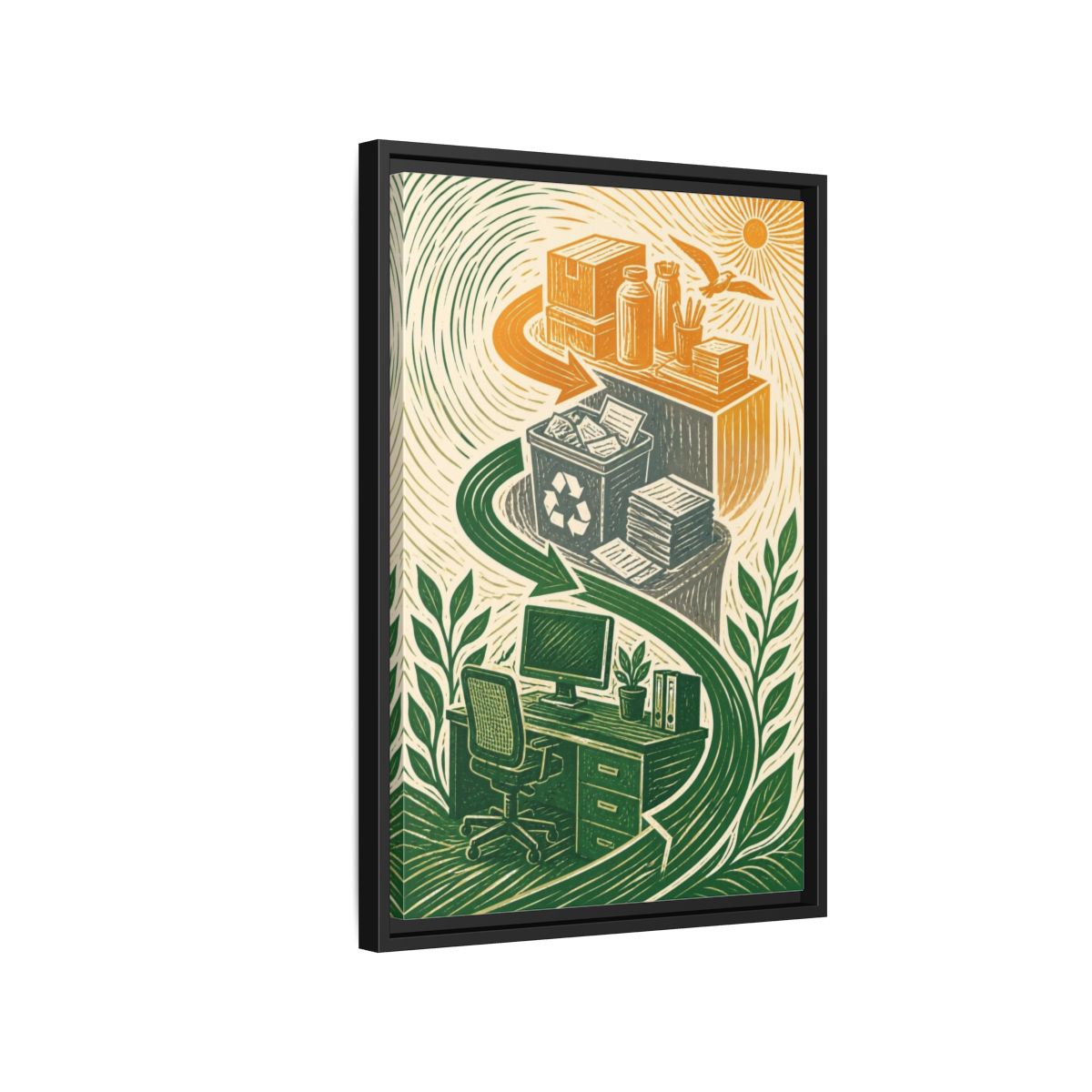 Side Mockup 3. Office Desk Recycling shown as framed canvas print