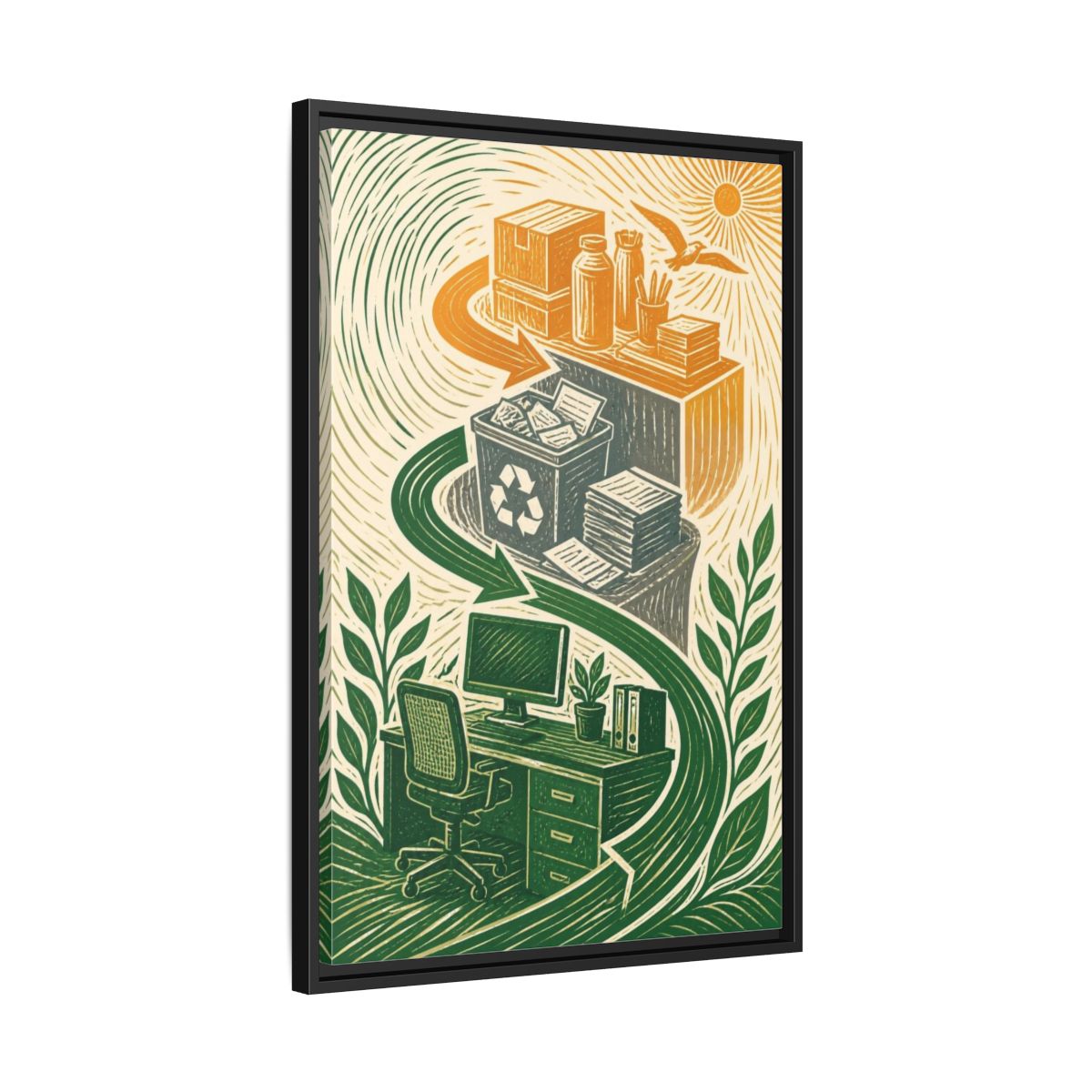 Side Mockup 14. Office Desk Recycling shown as framed canvas print