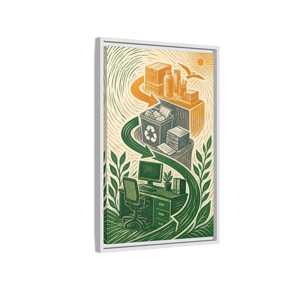 Side Mockup 1. Office Desk Recycling shown as framed canvas print