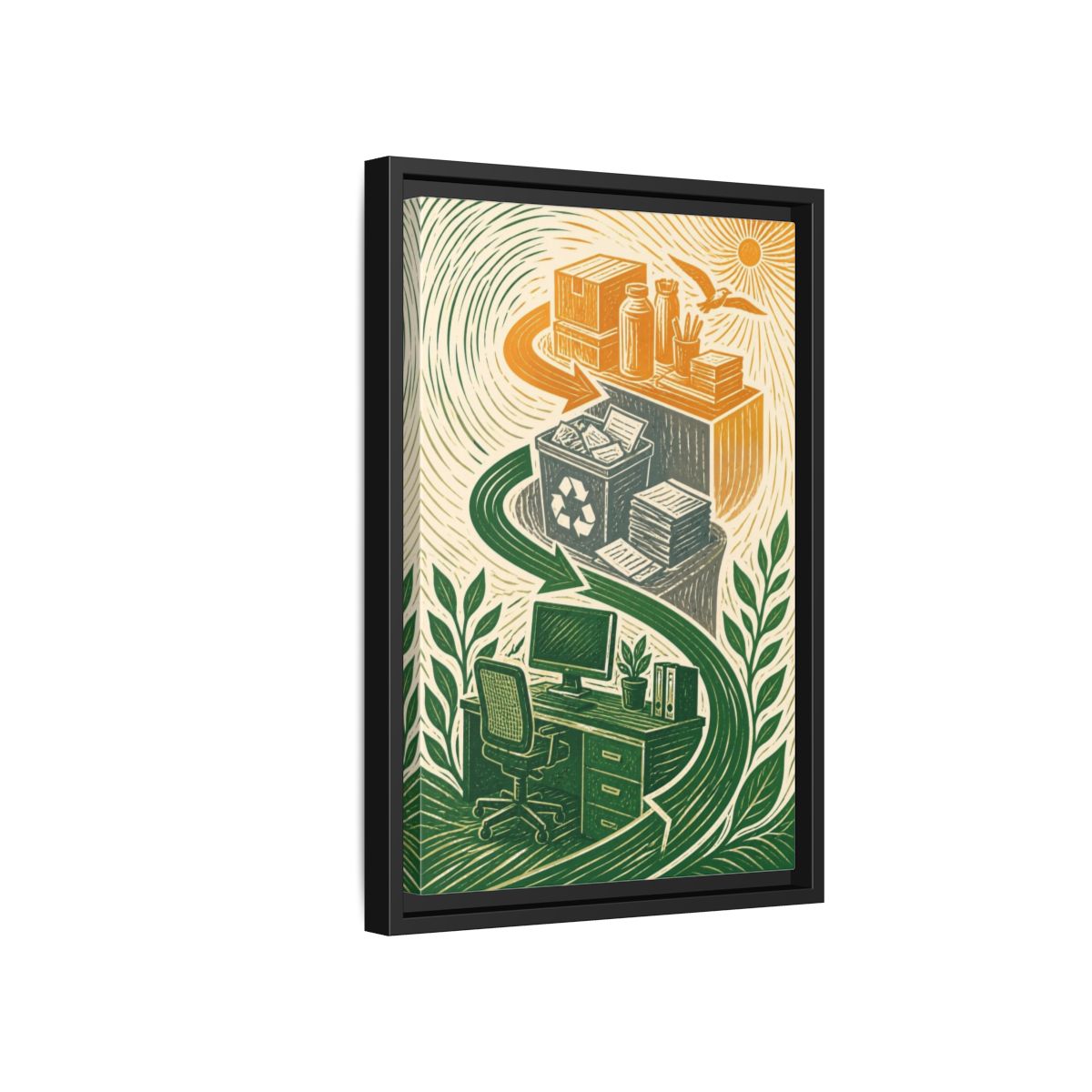 Side Mockup 6. Office Desk Recycling shown as framed canvas print