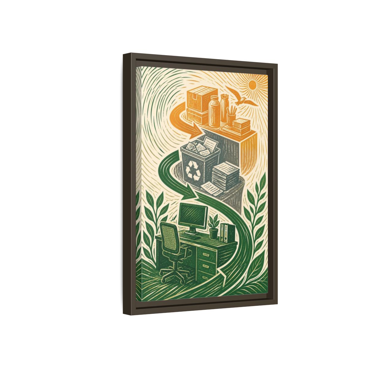 Side Mockup 5. Office Desk Recycling shown as framed canvas print