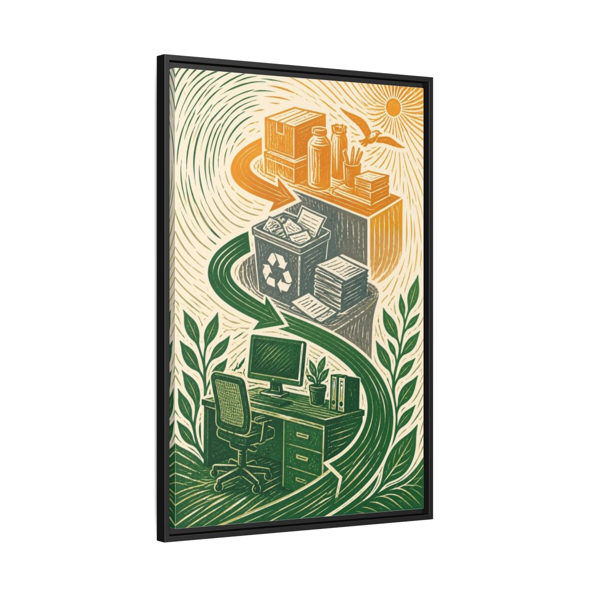 Side Mockup 13. Office Desk Recycling shown as framed canvas print