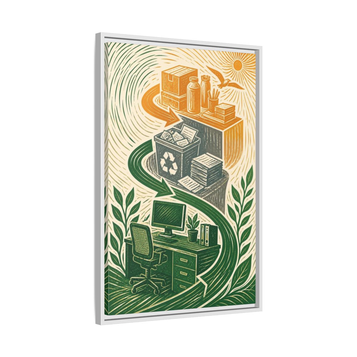 Side Mockup 10. Office Desk Recycling shown as framed canvas print