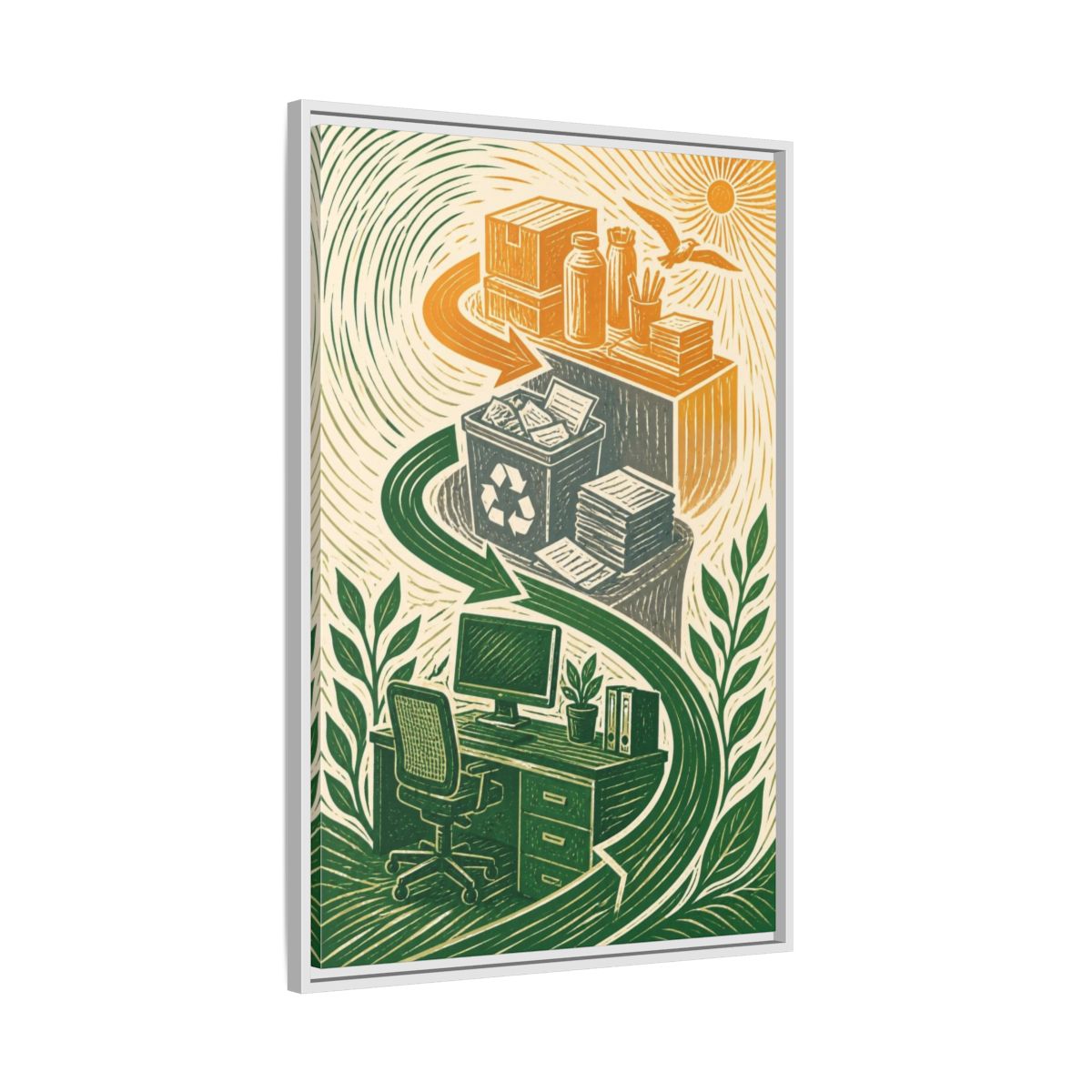 Side Mockup 9. Office Desk Recycling shown as framed canvas print