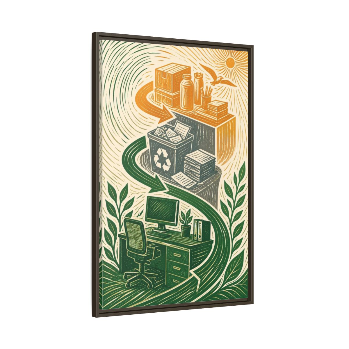 Main Mockup. Office Desk Recycling shown as framed canvas print