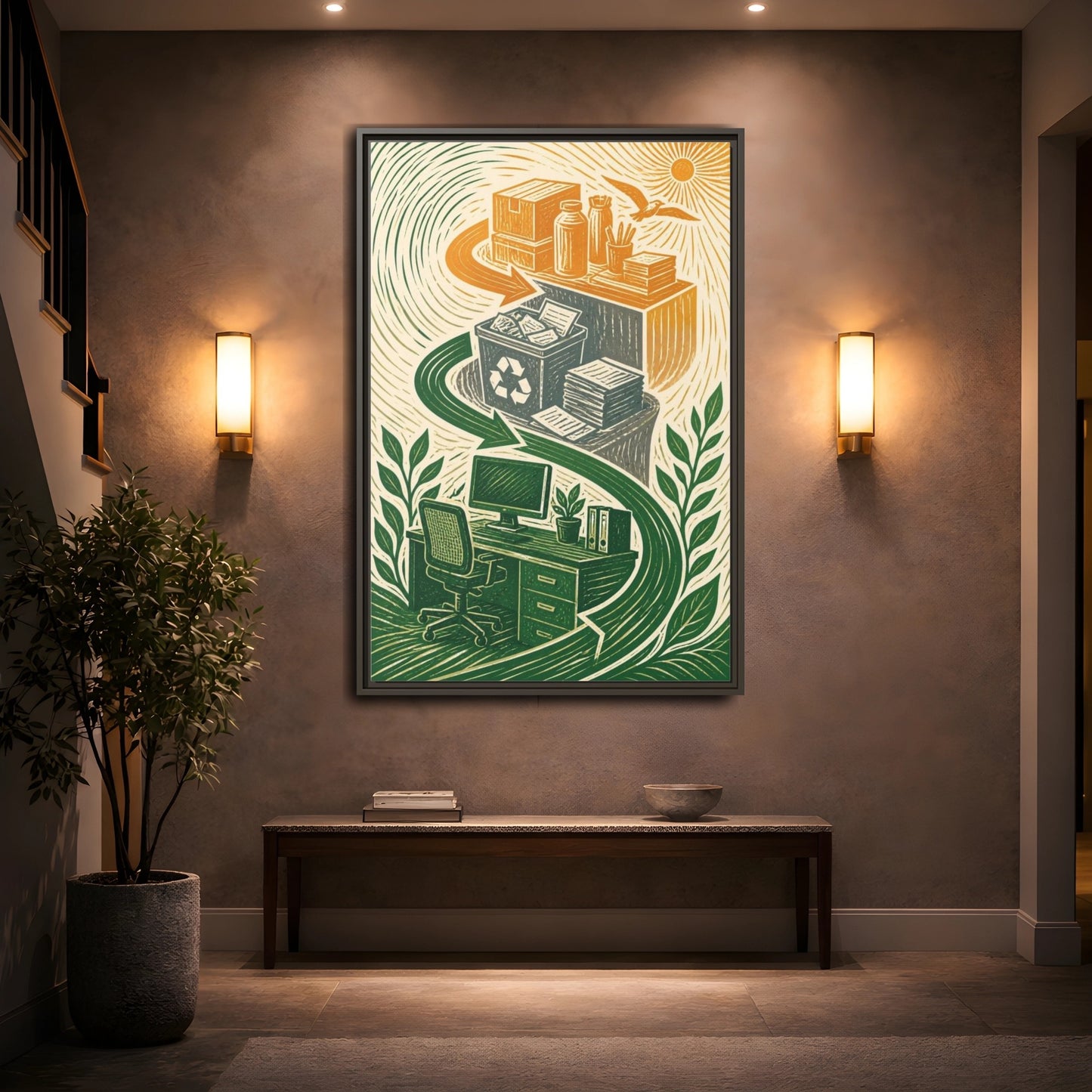 Mockup 2. Office Desk Recycling shown as framed canvas print