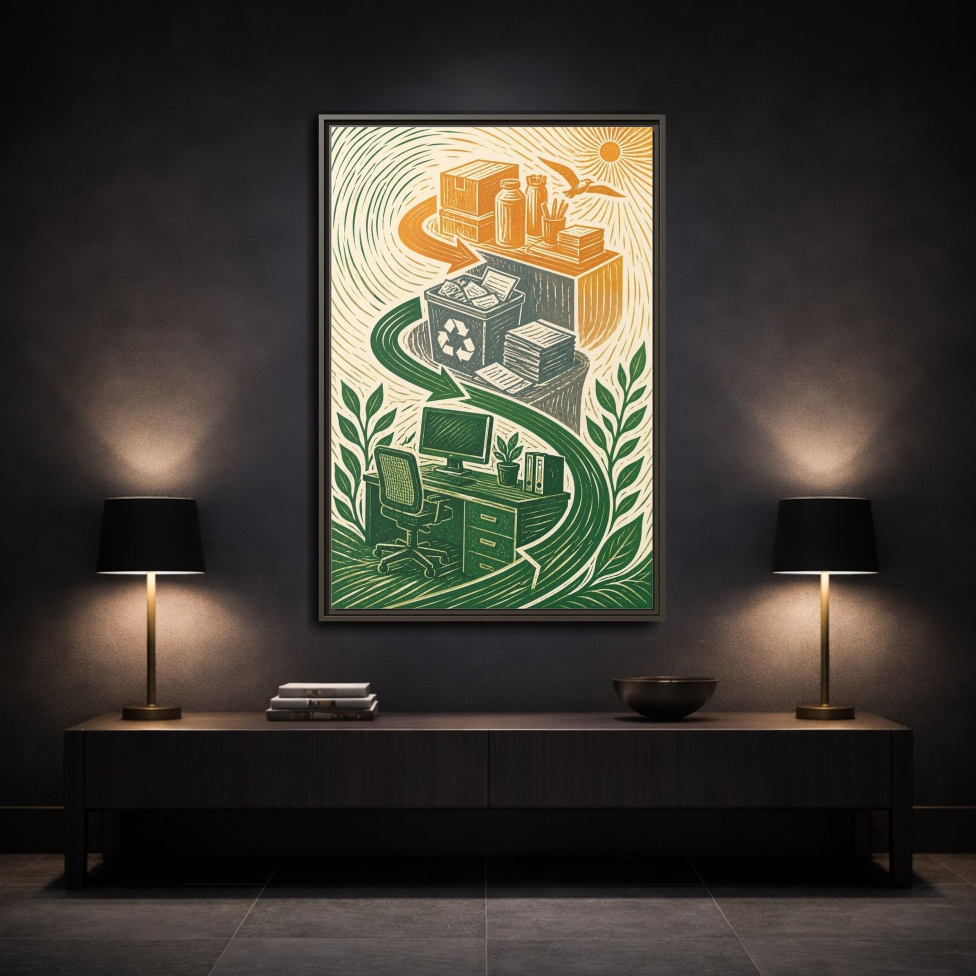 Mockup 3. Office Desk Recycling shown as framed canvas print