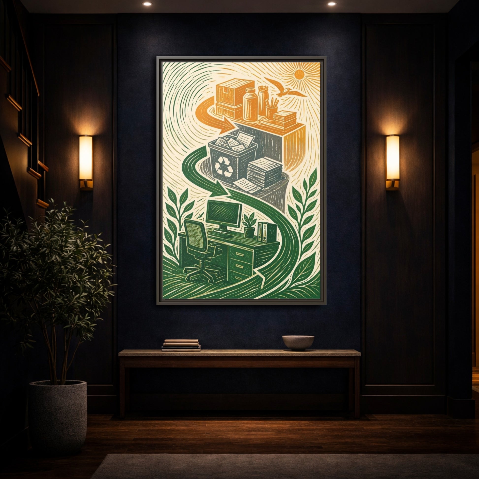 Mockup 4. Office Desk Recycling shown as framed canvas print