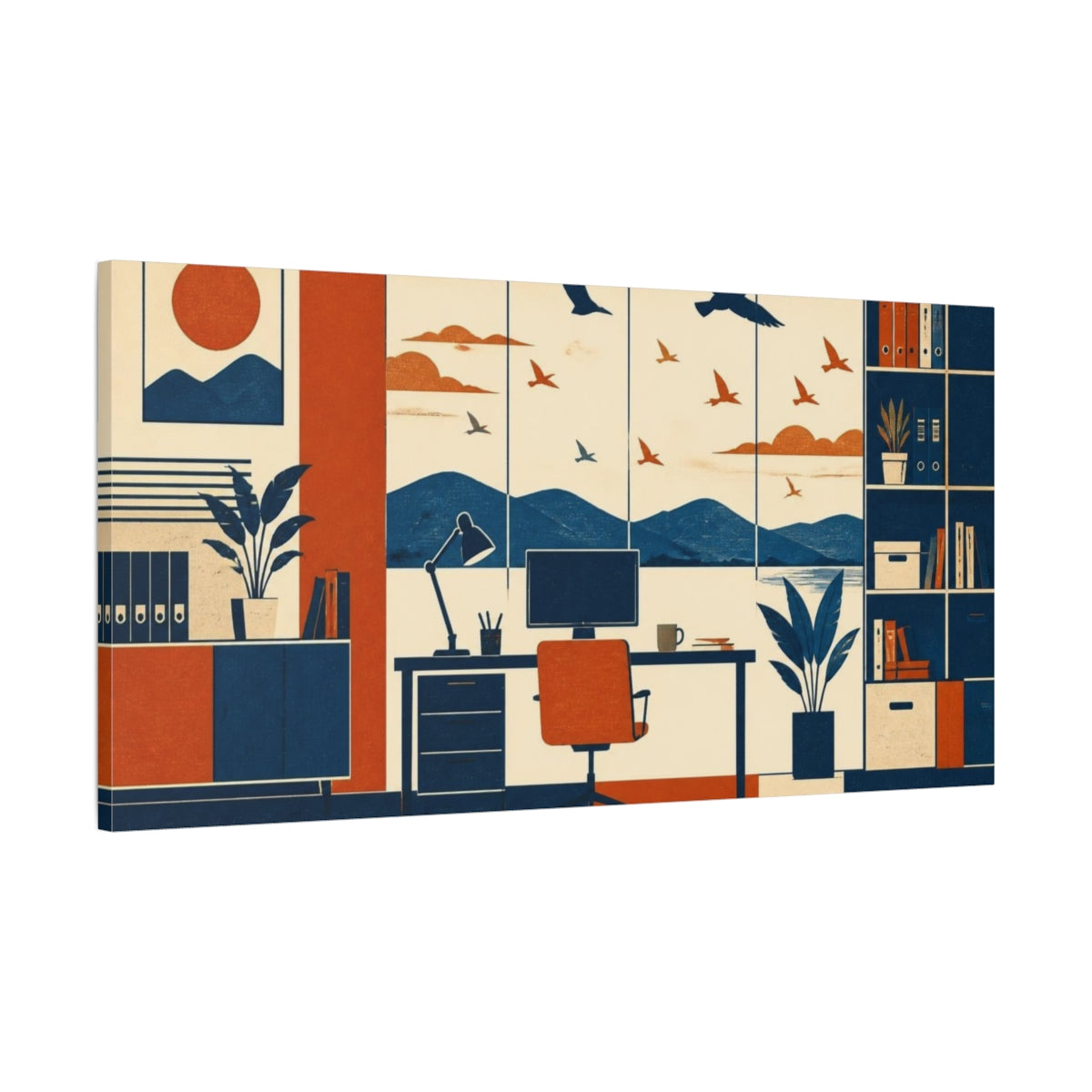 Main Mockup. Office Desk With Birds shown as canvas print
