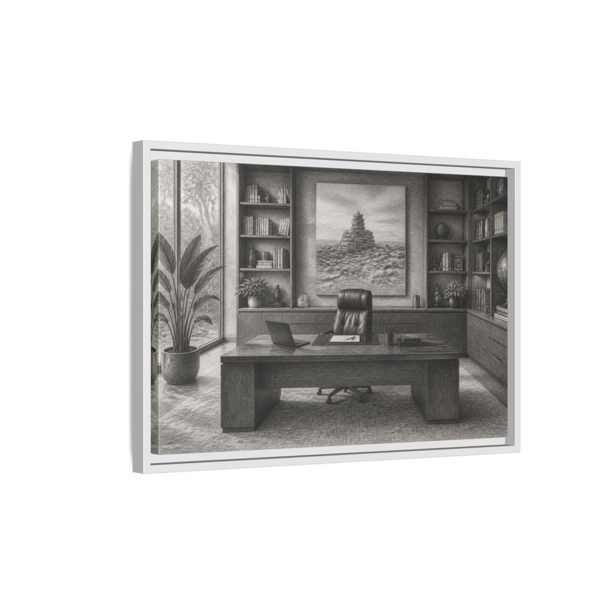 Side Mockup 1. Office Desk With Cairn Art shown as framed canvas print