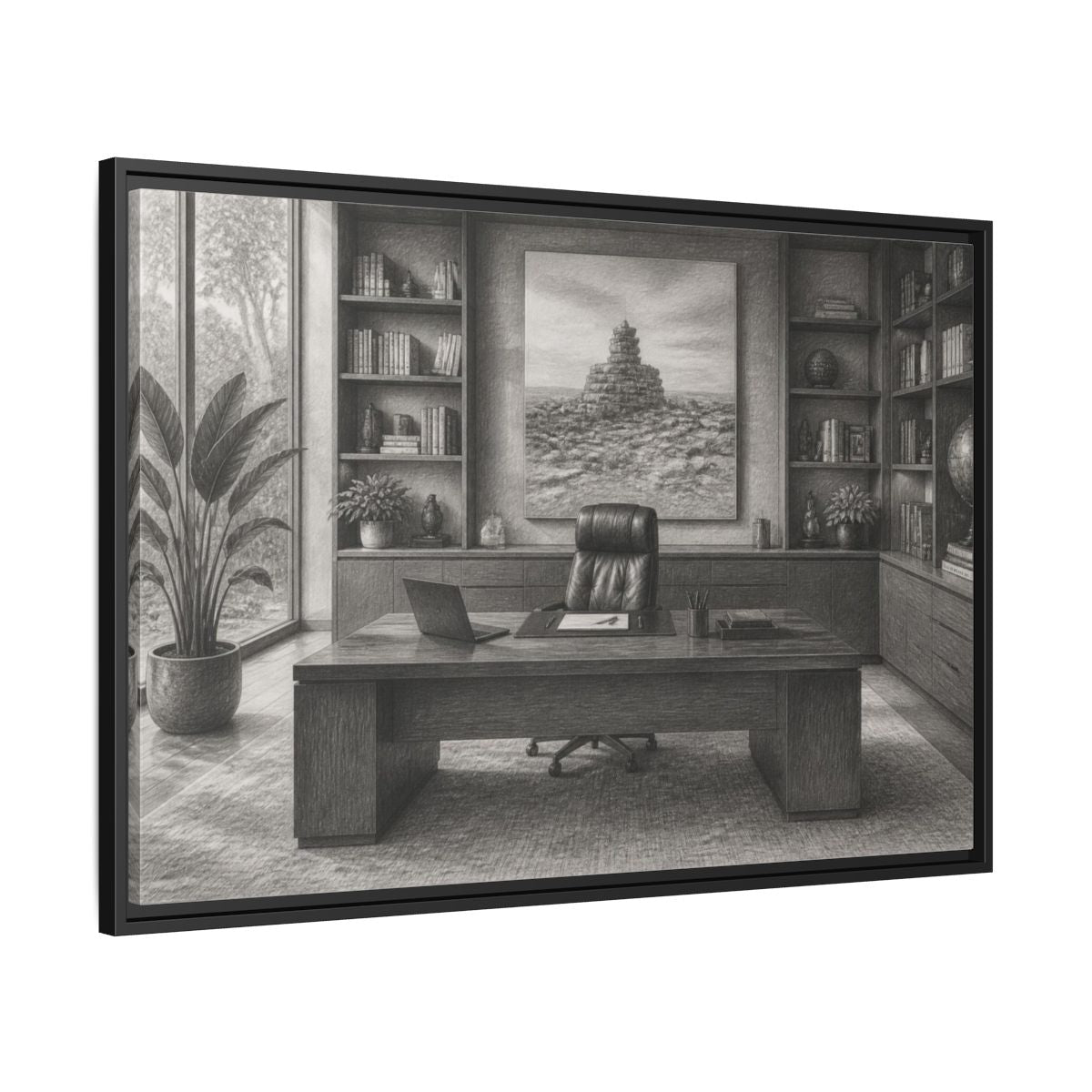 Side Mockup 13. Office Desk With Cairn Art shown as framed canvas print