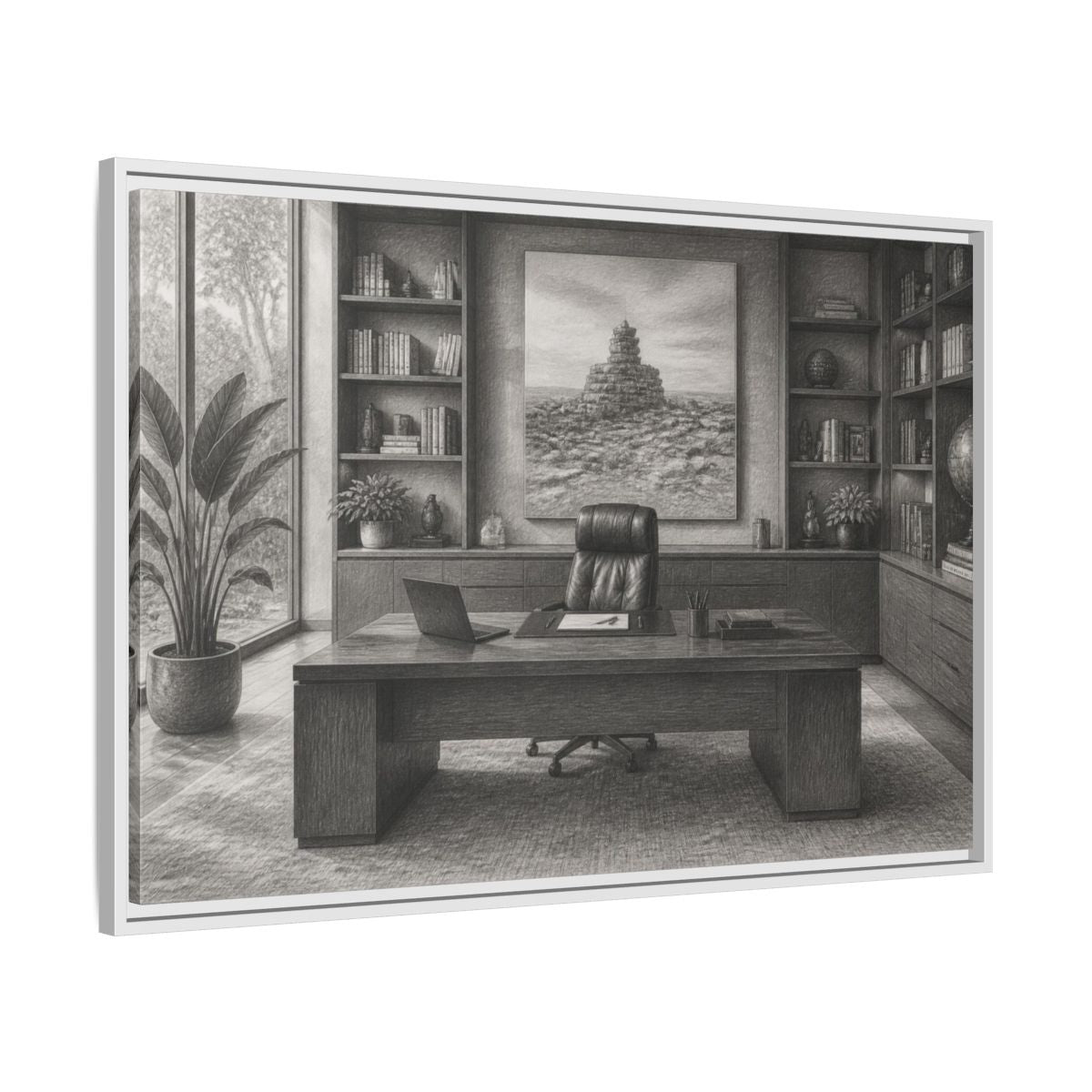 Side Mockup 9. Office Desk With Cairn Art shown as framed canvas print
