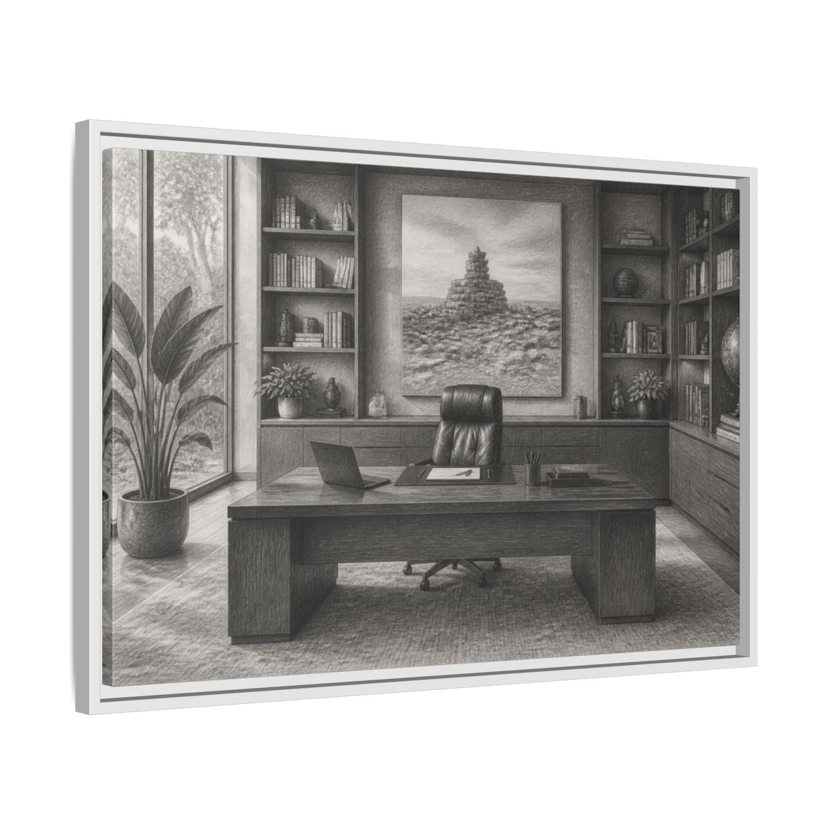 Side Mockup 10. Office Desk With Cairn Art shown as framed canvas print