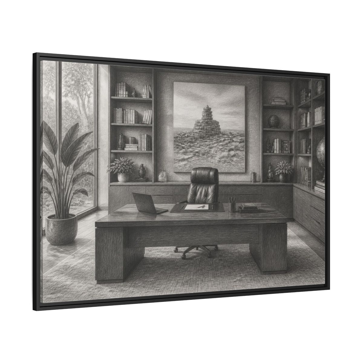 Side Mockup 12. Office Desk With Cairn Art shown as framed canvas print