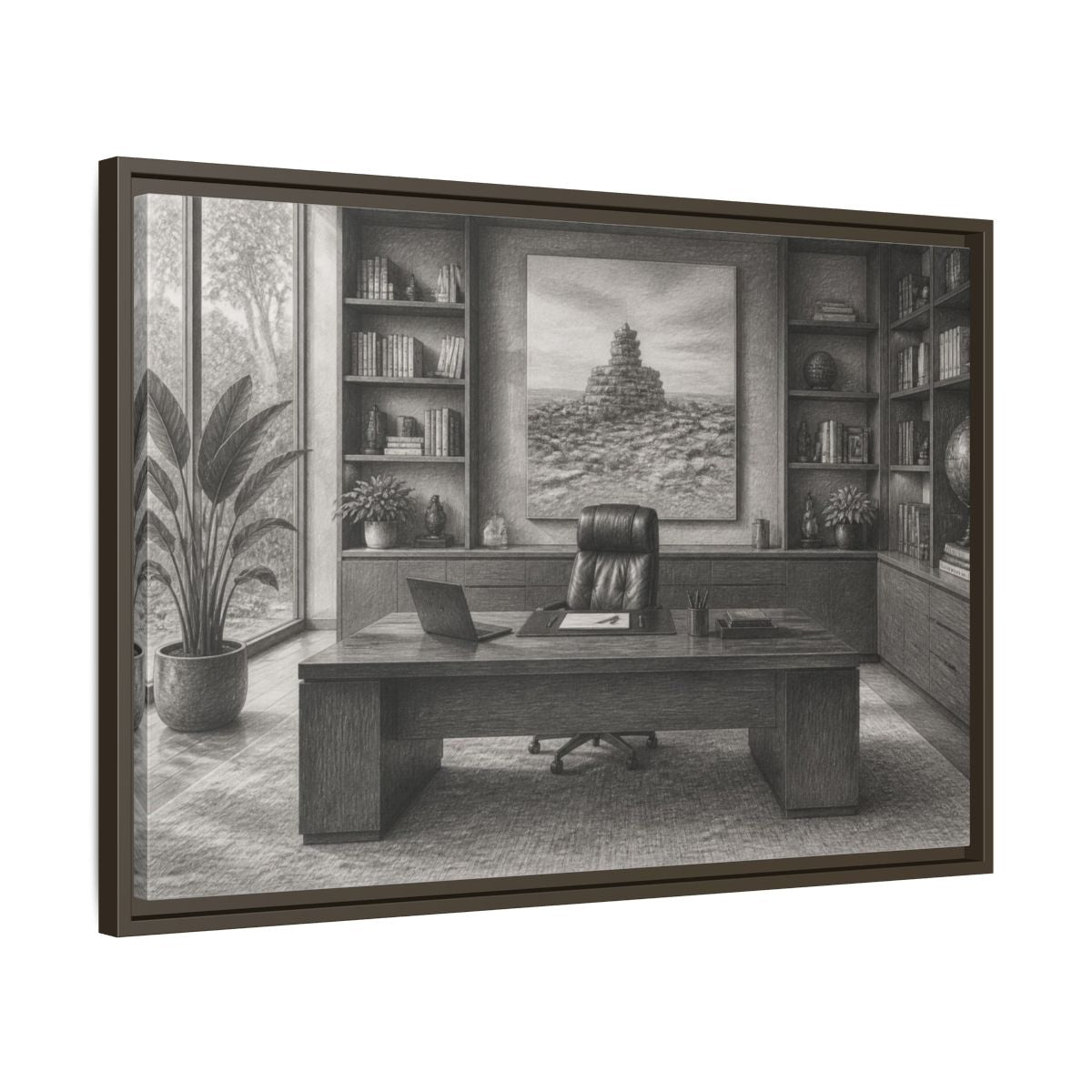 Side Mockup 11. Office Desk With Cairn Art shown as framed canvas print