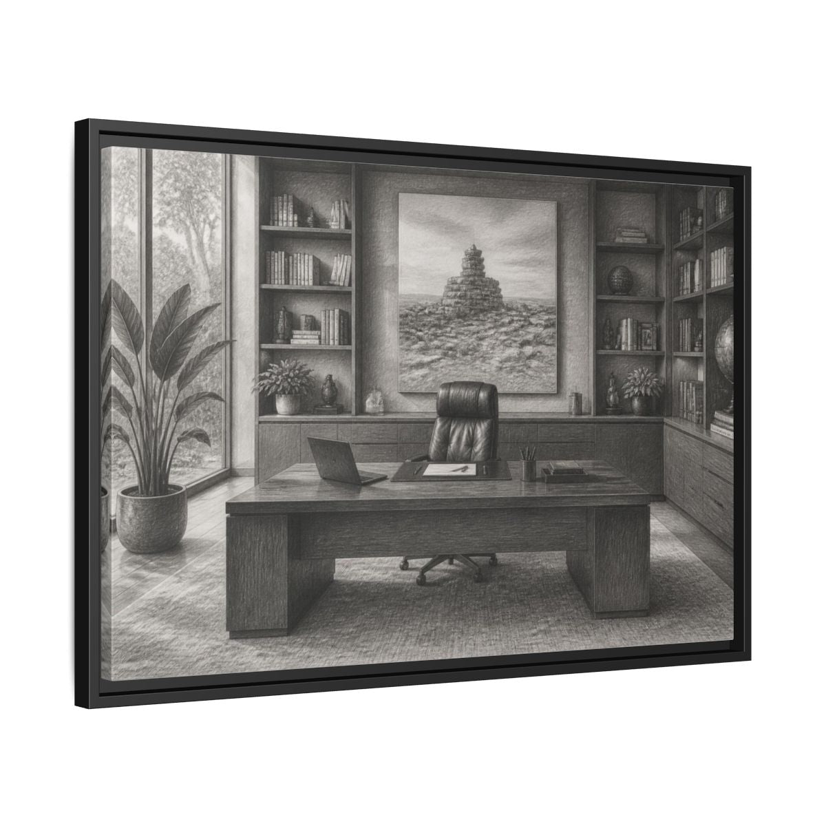 Side Mockup 14. Office Desk With Cairn Art shown as framed canvas print