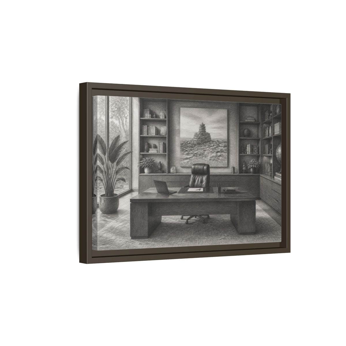 Side Mockup 5. Office Desk With Cairn Art shown as framed canvas print