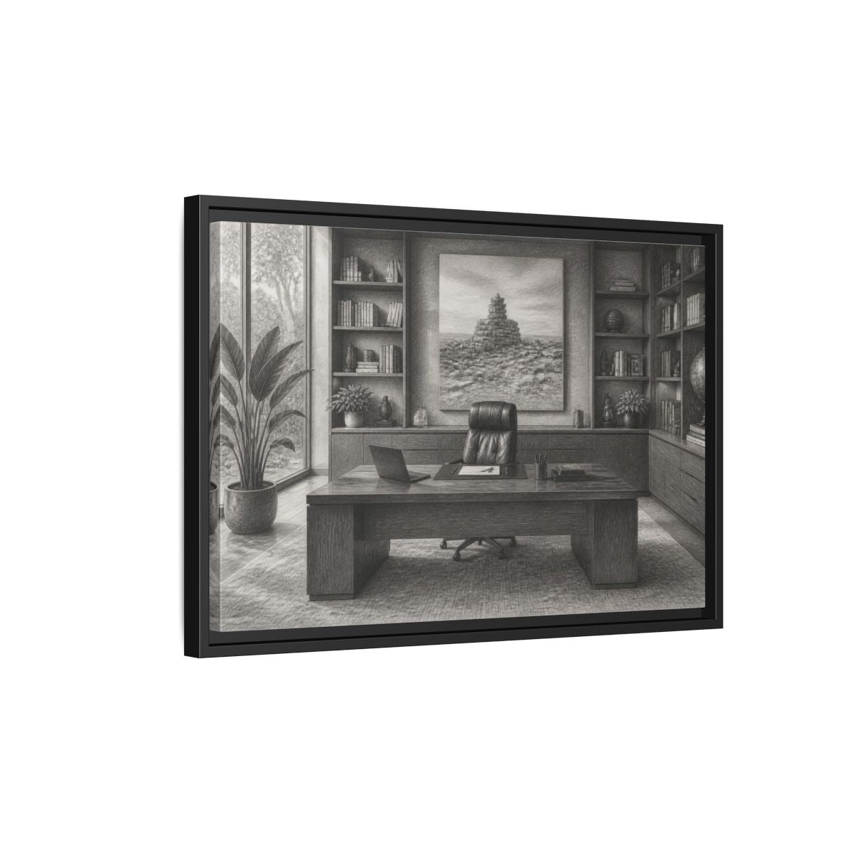 Side Mockup 3. Office Desk With Cairn Art shown as framed canvas print