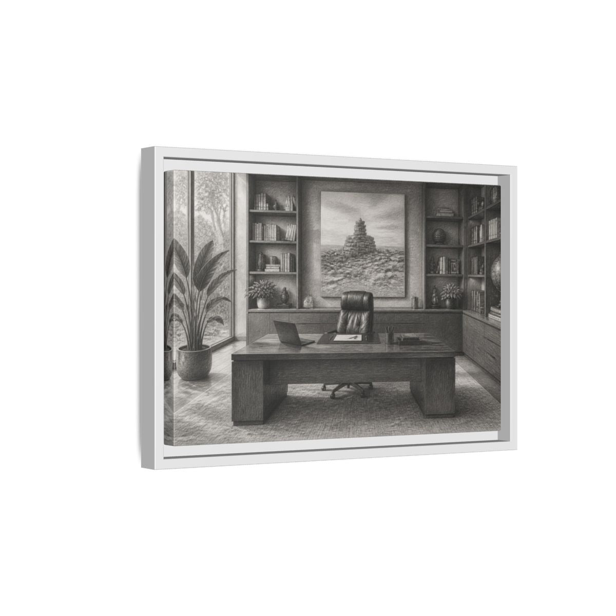 Side Mockup 4. Office Desk With Cairn Art shown as framed canvas print