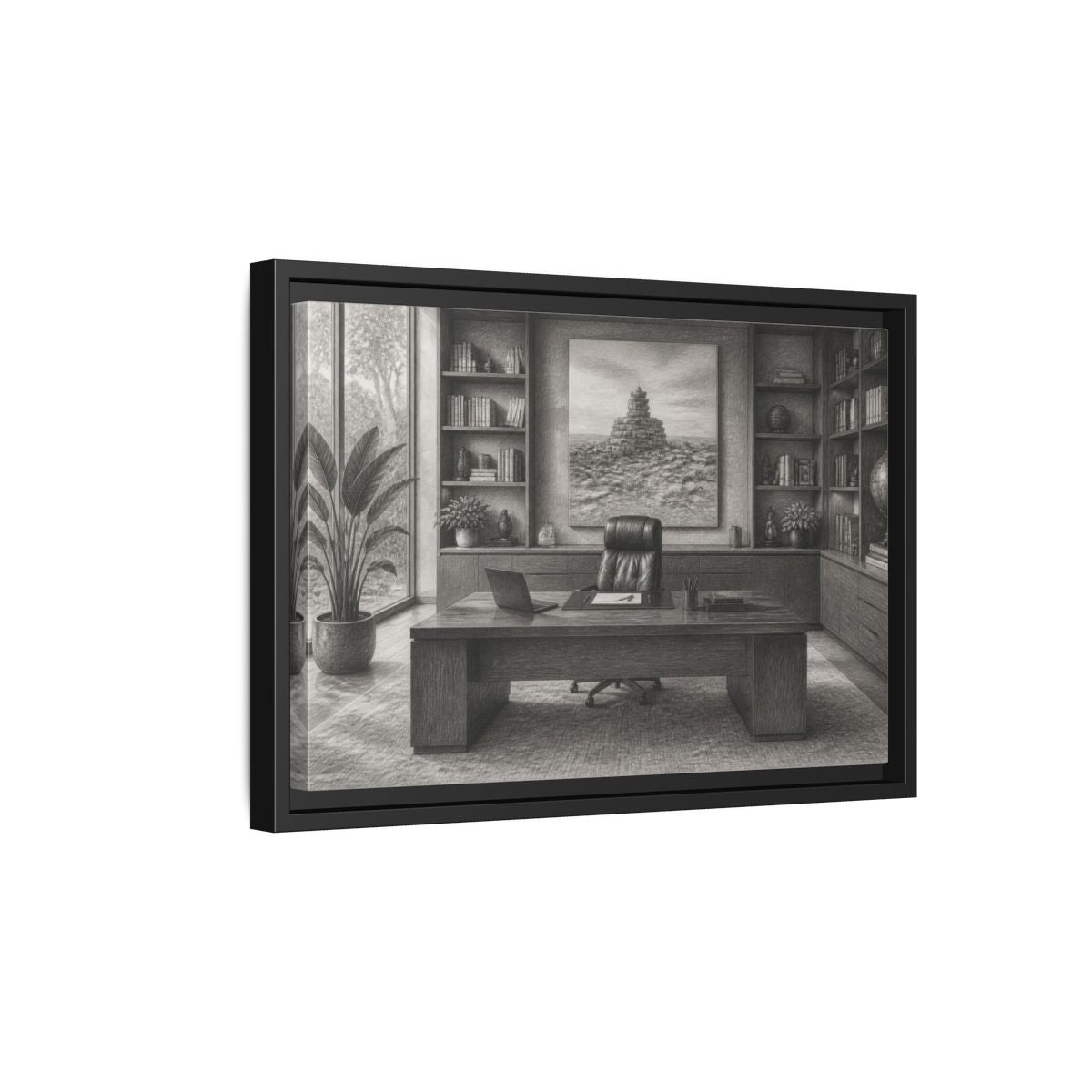 Side Mockup 6. Office Desk With Cairn Art shown as framed canvas print