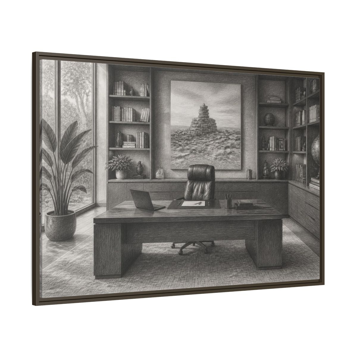 Side Mockup 8. Office Desk With Cairn Art shown as framed canvas print