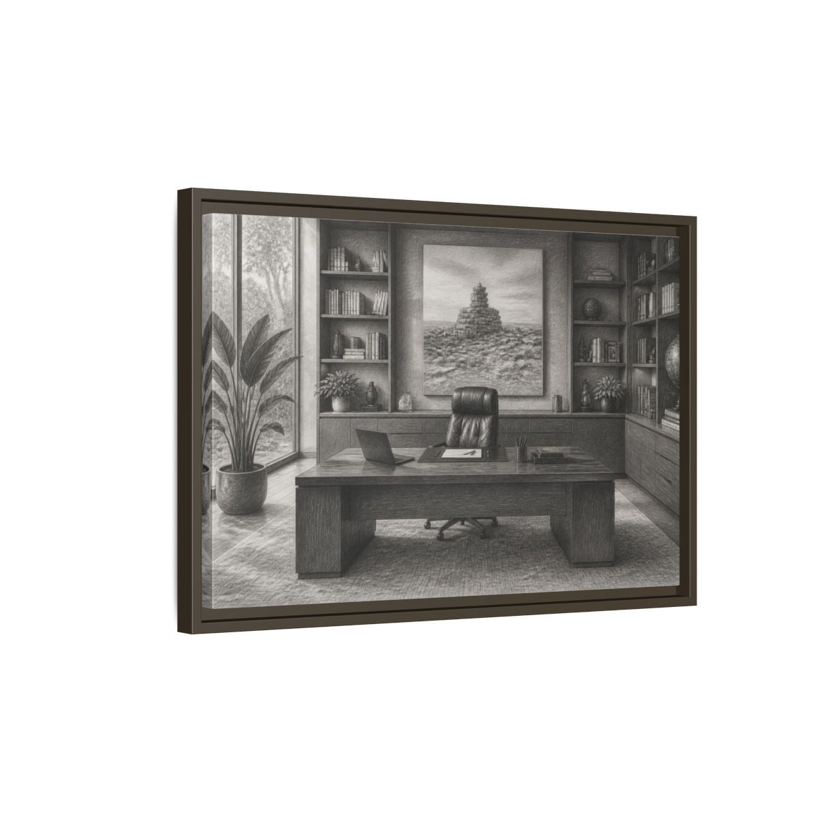 Side Mockup 2. Office Desk With Cairn Art shown as framed canvas print