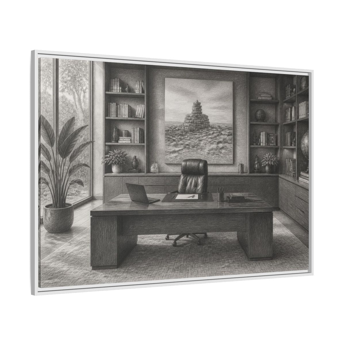 Side Mockup 7. Office Desk With Cairn Art shown as framed canvas print