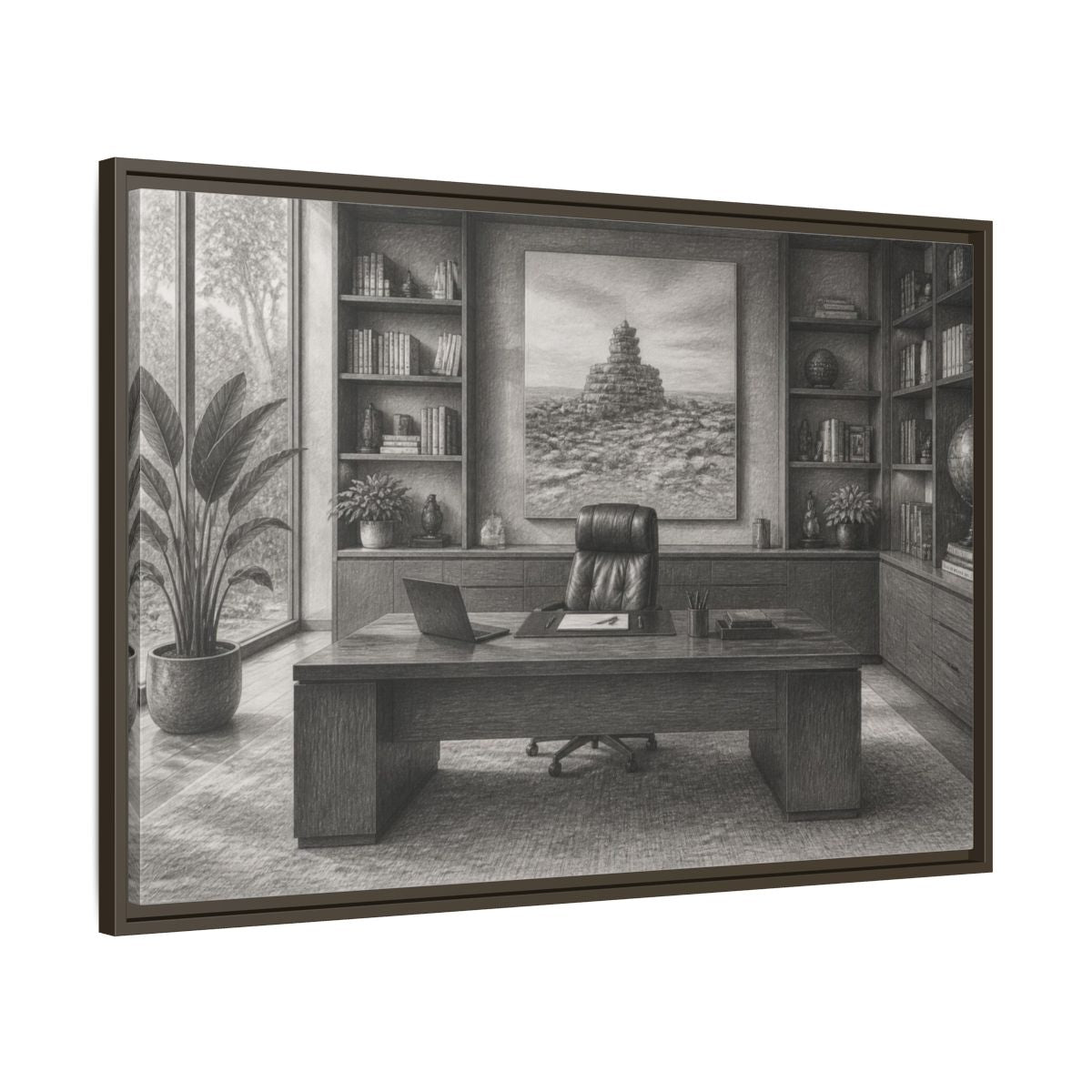 Main Mockup. Office Desk With Cairn Art shown as framed canvas print
