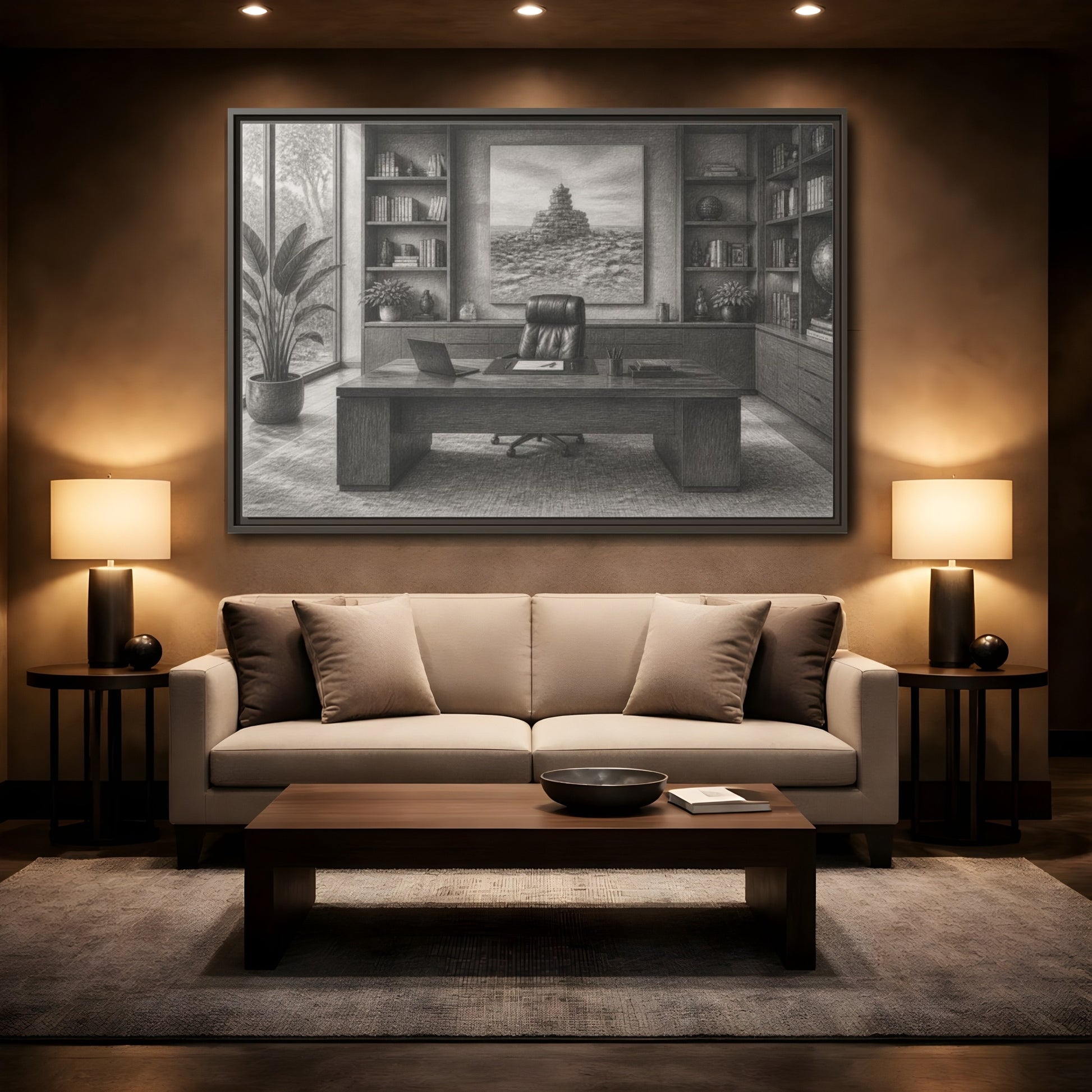 Mockup 2. Office Desk With Cairn Art shown as framed canvas print
