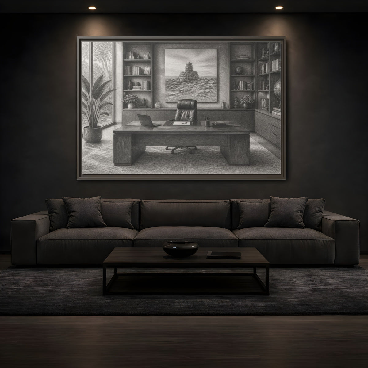 Mockup 3. Office Desk With Cairn Art shown as framed canvas print