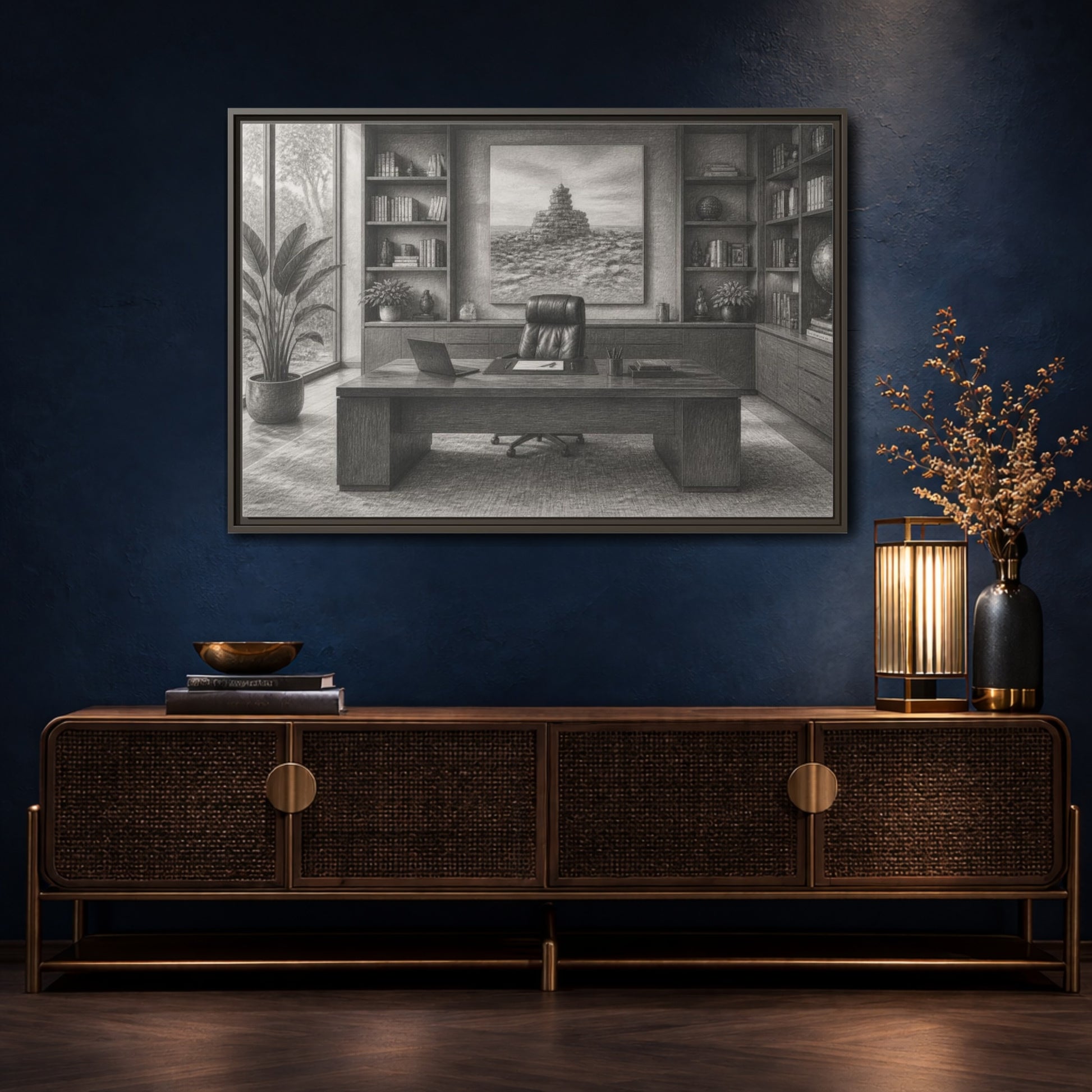 Mockup 4. Office Desk With Cairn Art shown as framed canvas print